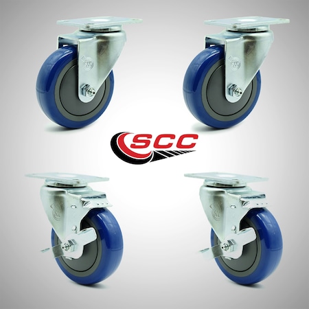 Service Caster 4 Inch SS Blue Polyurethane Swivel Top Plate Caster Set with 2 Brakes SCC SCC-SS20S414-PPUB-BLUE-2-TLB-2